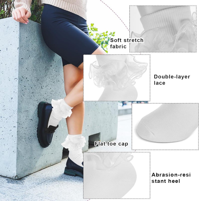 Lnngub White Ruffle Socks Women Ruffle Socks Girls Ruffle Socks White Socks with Ruffles Double Lace Turn Cuff Socks Lace Ruffle Socks Comfortable Cotton Socks Frilly Socks for Girls Aged 10-12 Years - Image 3